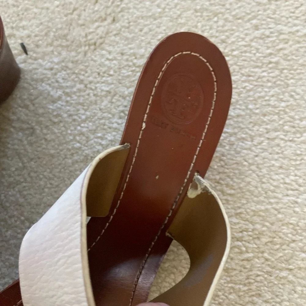 Tory Burch Two Tone Perforated Logo Mid wedge size 7.5, gentle worn